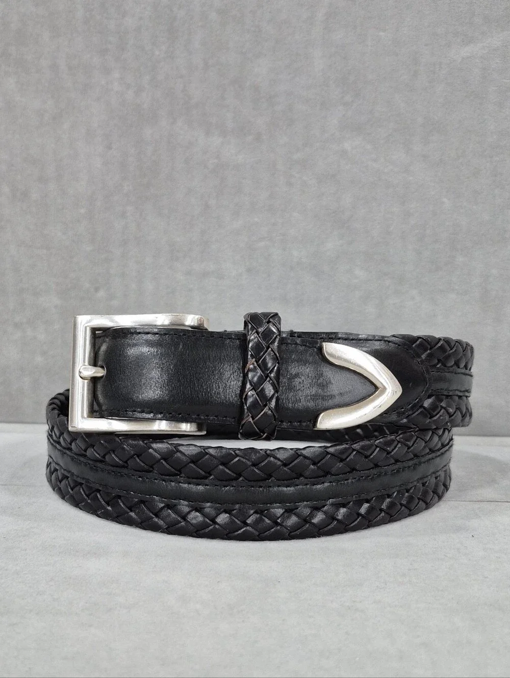 Western woven leather belt men's 34 black silver metal buckle and tip